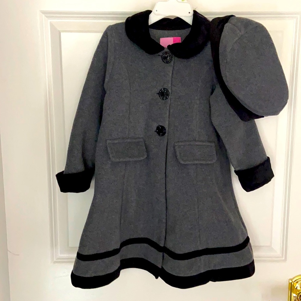 New Gray fleece coat/beret trimmed in black velveteen, Lightweight yet Very warm